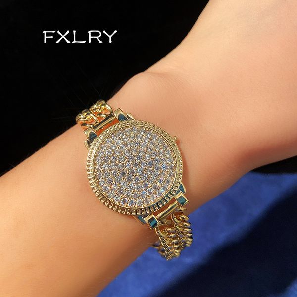 

fxlry new micro-inlaid zircon round watch shape bracelet double row chain bracelets for women wedding jewelry, Black