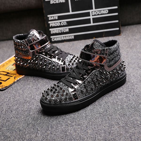 

british style mens casual punk stage dresses genuine leather boots personality flat platform rivet shoes ankle botas masculinas, Black
