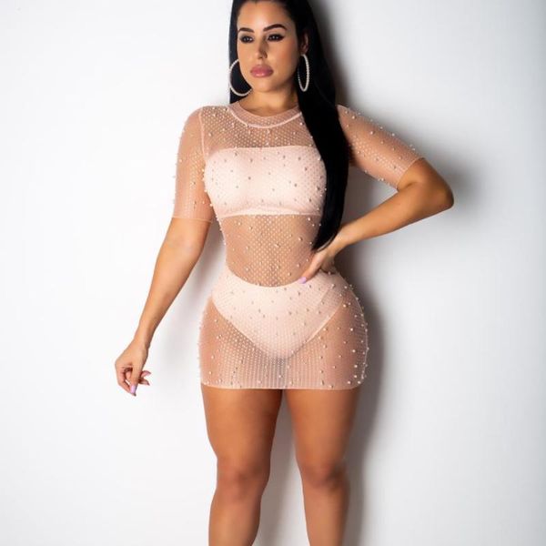 

casual dresses bkld bohemian 2021 summer mesh see through dress women crochet hollow out beading short sleeve party bodycon mini, Black;gray