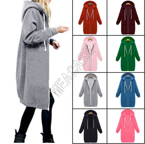 

plus size woman designers clothes hooded long sleeved fleece sweater outerwear fall winter women mid-length zipper jacket coat d82606, White