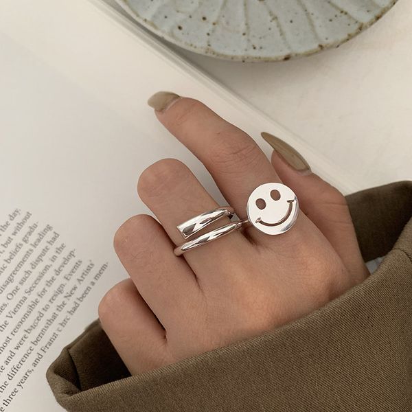 

trendy silver color round disc smiling face silver ring geometric open finger ring for women party jewelry gifts s-r666, Golden;silver