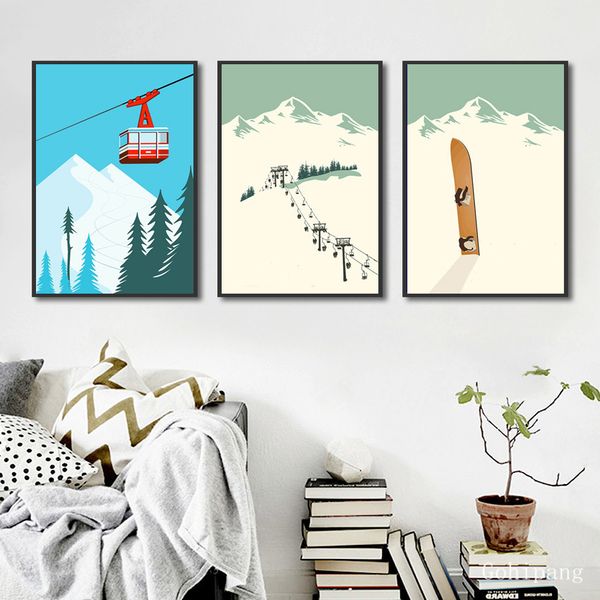 

nordic decoration home vintage winter landscape posters and prints painting abstract skiing sports canvas art wall pictures