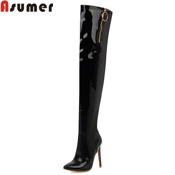 

asumer plus size 34-43 fashion over the knee boots pointed toe zip long boots thin high heels shoes women prom 2020, Black