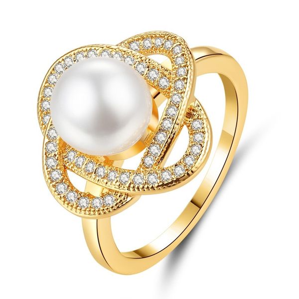 

wedding rings flower micro inlaid zircon imitation pearl ring diy korean geometric circle jewelry valentine's day gift promotion, Slivery;golden