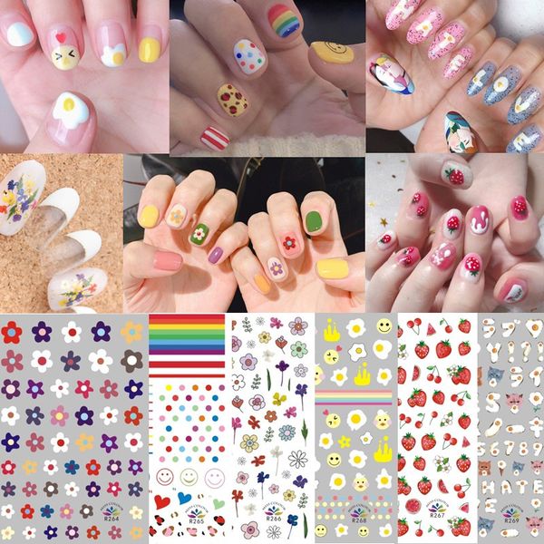 

cartoon flower nail art sticker rainbow strawberry leopard printed nail stickers adhesive nails decoration decals tattoo manicure wholesale, Black