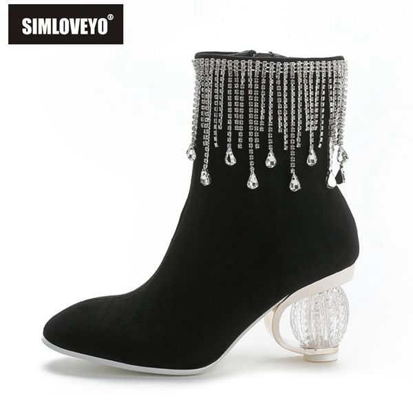 

simloveyo princess mid-calf boots tassels rhinestone string beads round toe strange heel cow swede zipper big size 34-43 b2025, Black