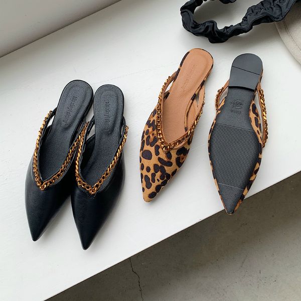 

metal chain flats mule women leopard pointed toe slippers slides slip on casual shoes shallow sandals mujer fashion flat mules, Black