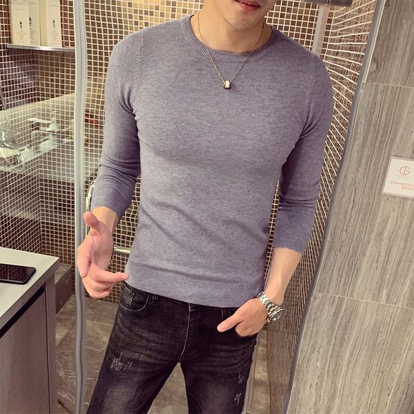 

autumn fashion sweater pullover sweater casual round neck slim fit solid color knitted sweater bottoming shirt for men, White;black