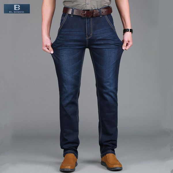 

men's jeans [el barco] denim cotton men slim soft breathable pockets solid blue male pants long straight casual trousers