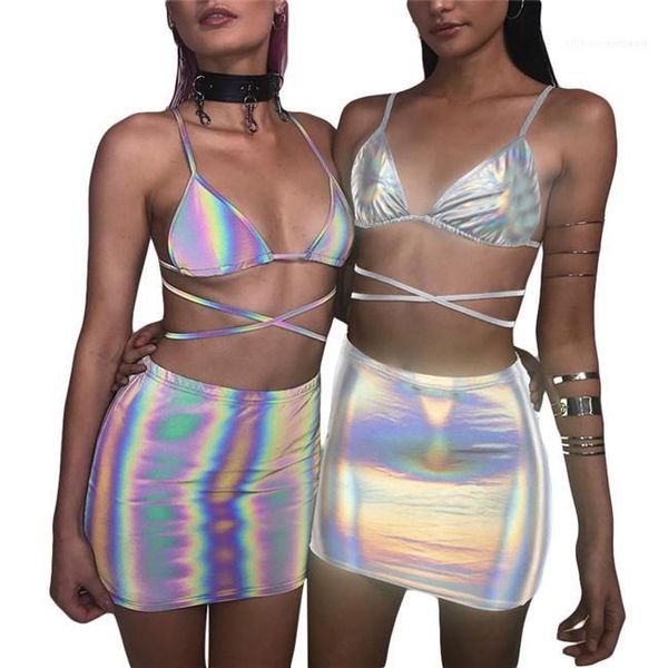 

lady nightclub pencil dress women beach bathing clothing women reflective 2pcs suits summer cross strap bikinis, White