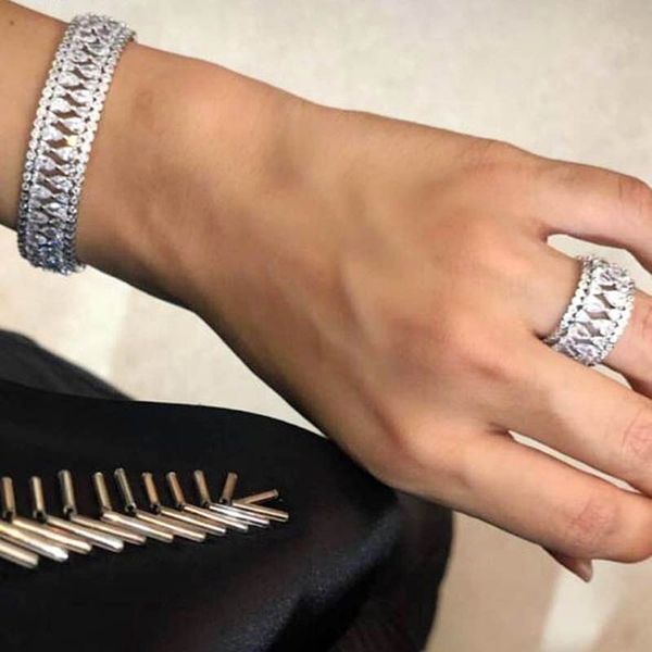 

godk 2pcs bracelets/ring luxury cubic zirconia open bangle resizable rings trendy girls women patry wedding jewelry sets, Golden;silver