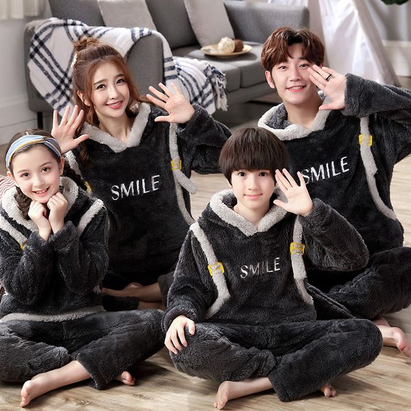 

children's hooded pyjamas thickened family three flannel children's pyjamas style and coral wool home wear suit, Black;brown