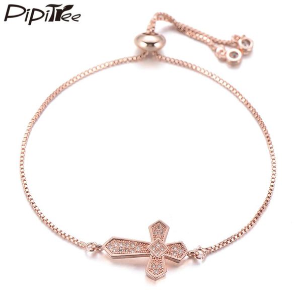 

pipitree classic copper cubic zirconia cross charm bracelet adjustable chain religious fashion bracelets for women cz jewelry