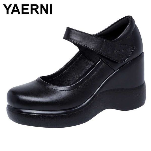 

yaerni round toe wedges women shoes mary jane thick bottom leather shoes platform pumps fashion new plus size, Black