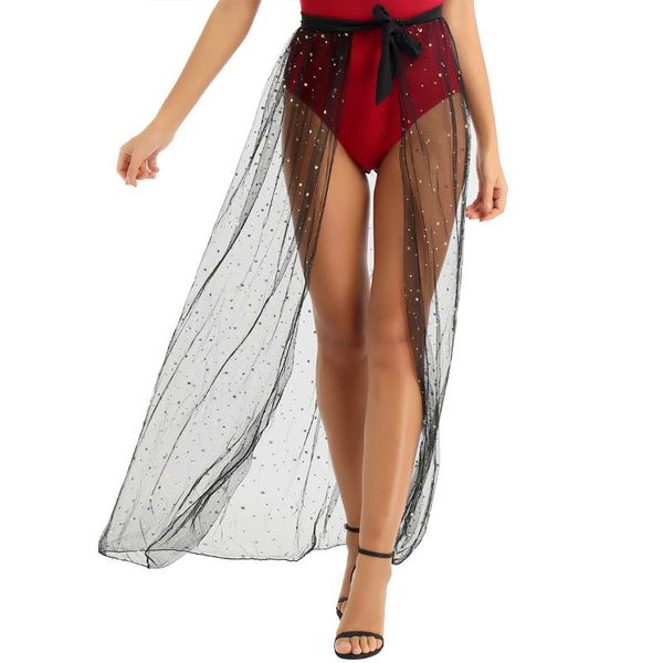 

women's swimwear womens cover up semi-sheer high waist tie side shiny sequins mesh maxi wrap skirt summer beachwear bikini, White;black