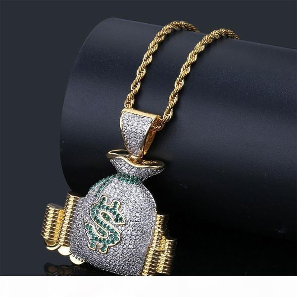 

money bag stack iced cash coins pendant necklace chain charm gold silver cubic zircon men's hip hop jewelry for gift