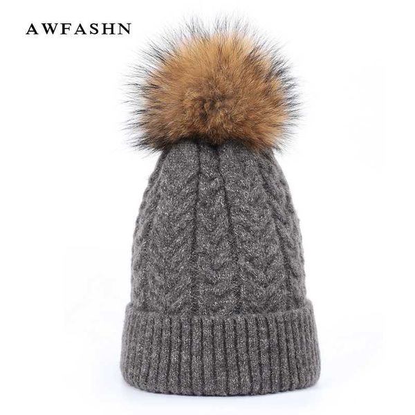 

beanie/skull caps 2021 ladies winter real fur pompom for ha t women warm knit beanie female thicken hedging cap soft wool bonne, Blue;gray