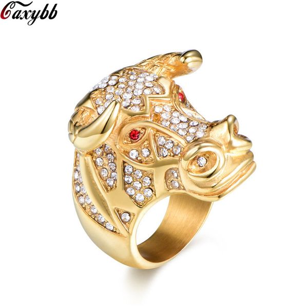

gold black bull with golden color horns punk hip hop cz big ring for men women street fashion, Golden;silver