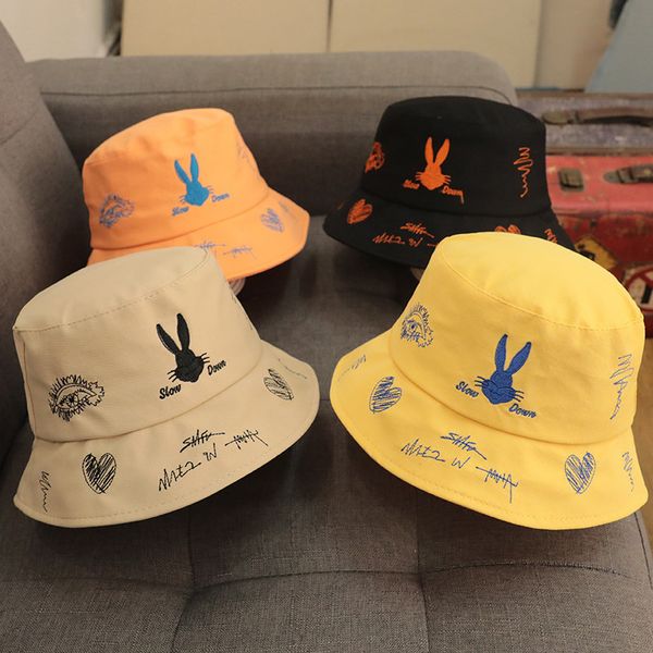 

kids hat cartoon cute hat solid color hip hop wide brim beach uv protection round sunscreen fisherman cap, Yellow