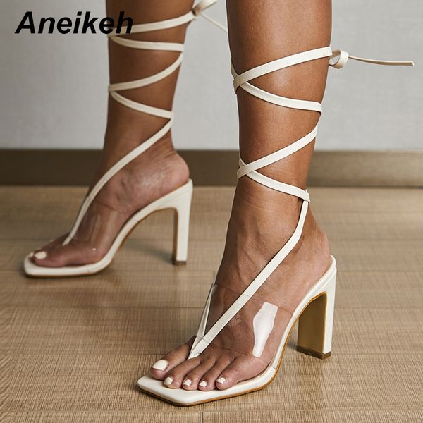 

dress shoes aneikeh summer women sandals gladiator pvc rome cross-tied strange style lace-up back strap square toe 35~42 white, Black
