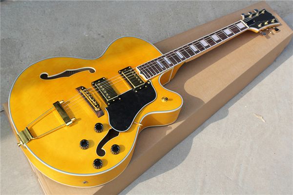 Fábrica Custom Hollow Amarelo Guitarra Elétrica com ligação branca, HH Pickup, Rosewood Fretboard, Tuners de Ouro, Pickguard Preto, Pode ser personalizado