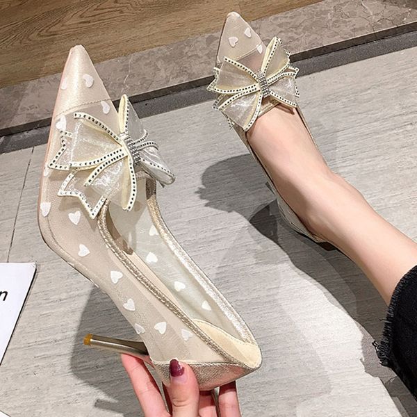 

woman heart air mesh pumps sandals pointed toe stiletto high heels ins shoes women breathable crystal bow-knot femme pompes 2020, Black