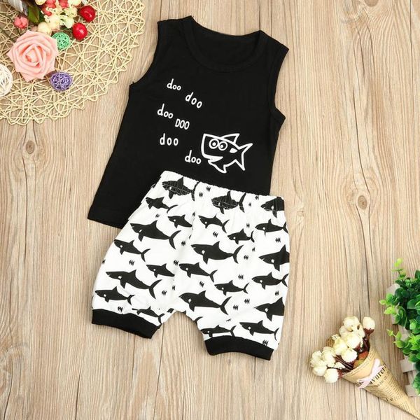 

newborn infant baby girl boy sharkr t shirt shorts pants outfit clothes set soft all cotton harmless cute july25, White