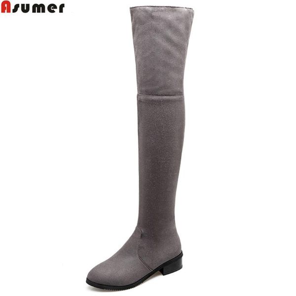 

asumer fashion new women boots black gray zipper ladies autumn winter boots flock med heel over the knee big size 32-43