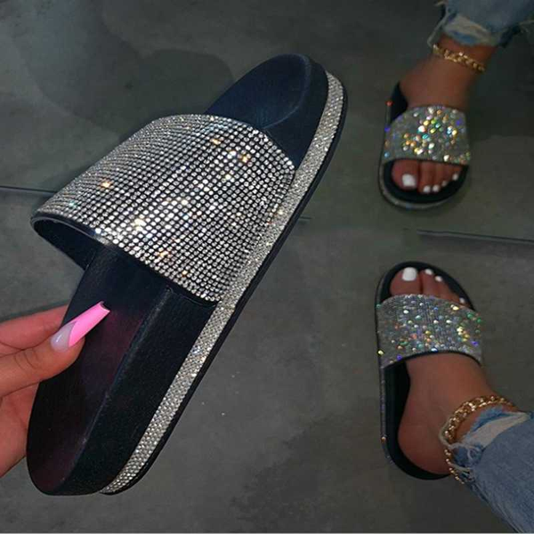 

slippers gold stunning rhinestone slides shoes flip flop flat with women summer, Black