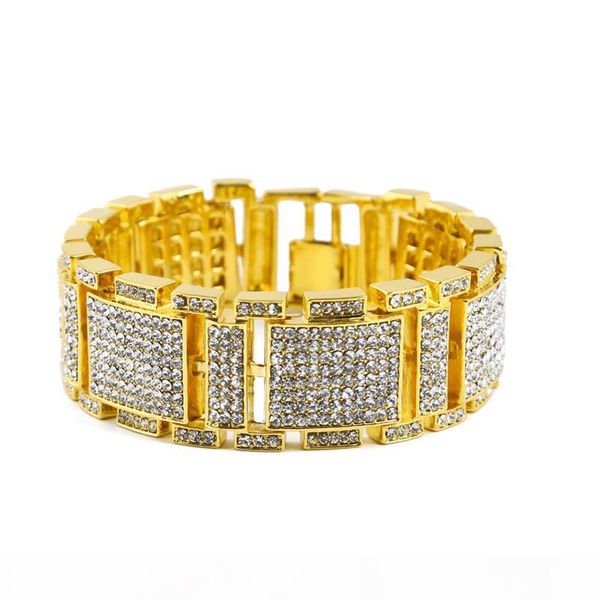 

2018 iced out man bracelet hip hop gold chain for man jewelry new mens bracelets alloy high grade 21cm inlaid rhinestone jewelry wholesale, Black