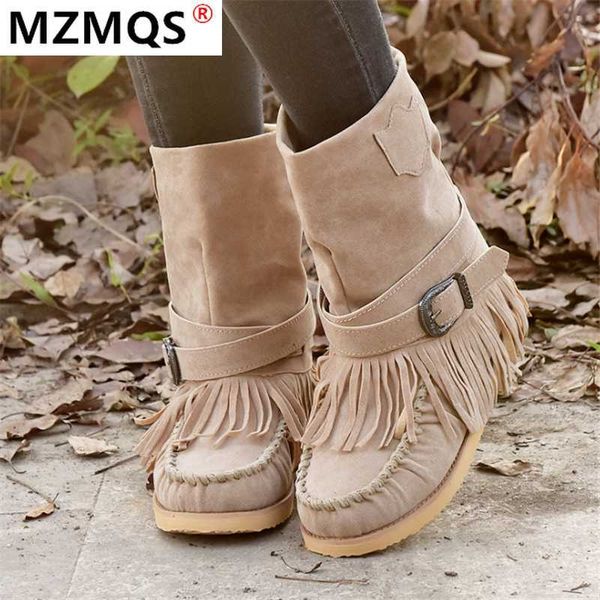 

2020 winter women's boots fashion tassel buckle women flat boots mid-calf warm women snow square toe botas mujer, Black