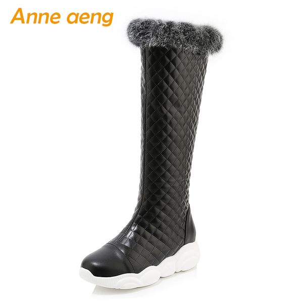 

2020 новая зима женщины колено высокие сапоги средний каблук круглый toe zipper меха твердые вскользь женская обувь черный теплые ботинки бо, Black