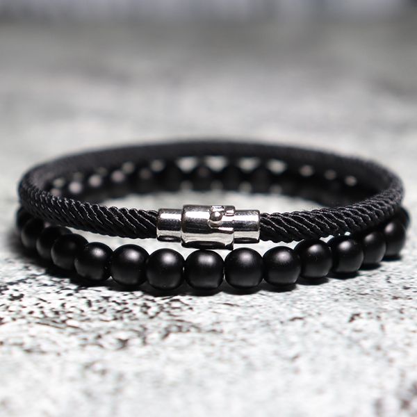 

diffone 2pcs/pair mens bracelet set hiphop rock weave rope braslet homme natural onyx volcanic stone braslet man accessories, Golden;silver