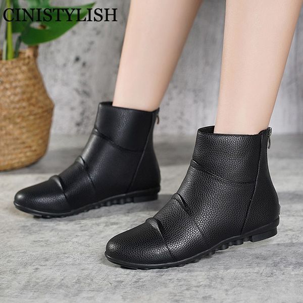 

women short boots ankle warm plush ladies 2020 shoes woman autumn winter pu leather female zipper flats footwear fashion new, Black