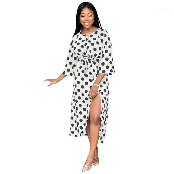 

half sleeve natural color dress womens clothing women dresses designer polka dot pattern split dress casual, Black;gray