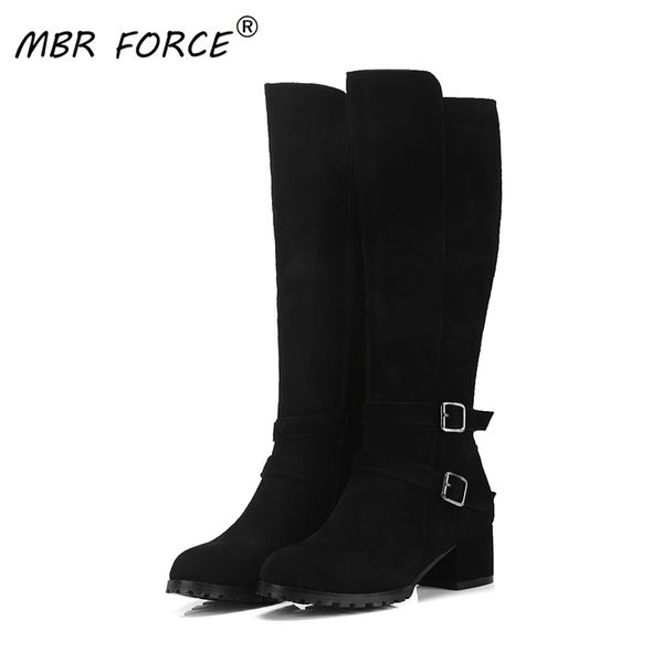 

mbr force new high-quality frosted suede women's round toe fashion all-match side zipper exquisite belt buckle warm high boots, Black