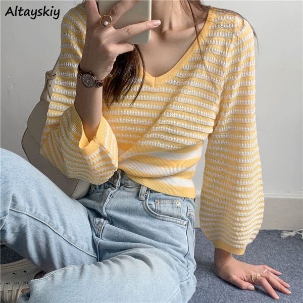 

pullovers women sweaters crop v-neck puff sleeve stripe lady elegant fashion harajuku korean womens loose daily street, White;black