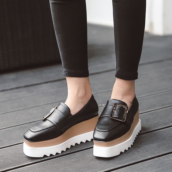 

big metal buckle brogue shoes woman leather band decoration platform creepers shoes ladies slip on bullock mules flat 2020, Black