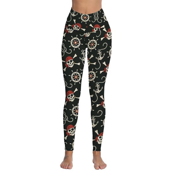 

women's pirate printed yoga pants power stretch workout leggings with high waist tummy control, White;red