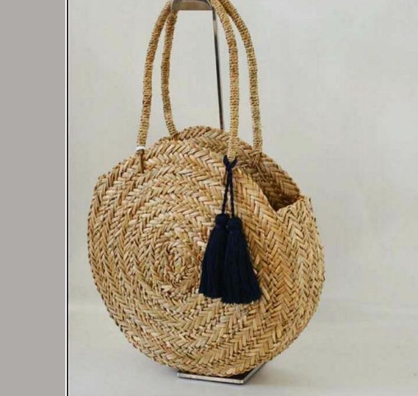 

vintage straw knitted women summer beach tote circle bag handmade rattan woven round handbag designer women messenger bags