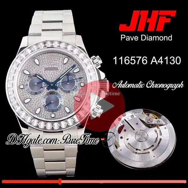 

jhf diamond bezel pave diamond blue dial a4130 automatic chronograph mens wach stainless steel bracelet ptrx edition new puretime, Slivery;brown