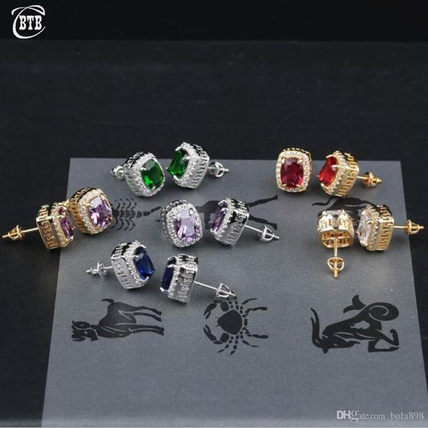 

2019 новый multicolor iced out bling серьги стержня hip hop ювелирные micro pave кубический циркон камни квадратные 925 серьги для подарков, Golden;silver