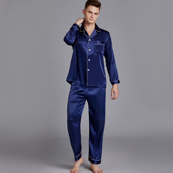 

male 2pcs shirt&pants satin navy blue sleep set pajamas suit 2020 new sleepwear silky nightgown soft intimate lingerie homewear, Black;brown