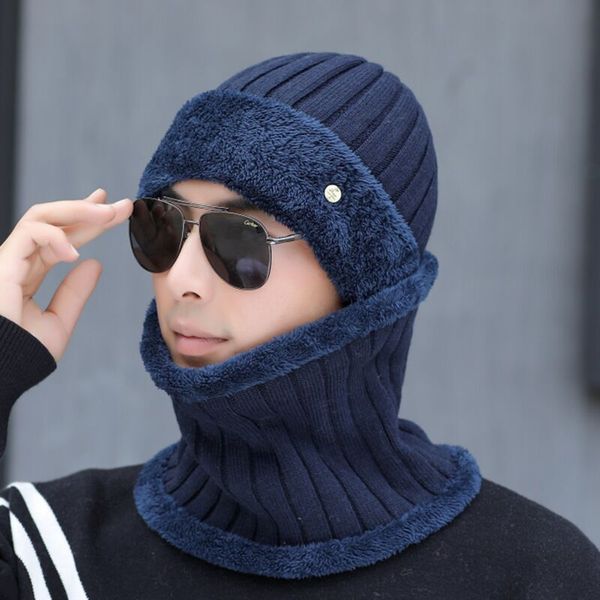 

warm winter hat beanie hat 2020 winter hats for men outdoor wool warm scarf cap set fashion knitted, Blue;gray