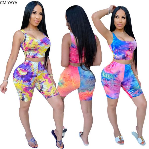 

2020 summer women two pieces sets tracksuits sleeveless shorts suit fitness tie-dye print night club 2 pcs outfit gl6087, White