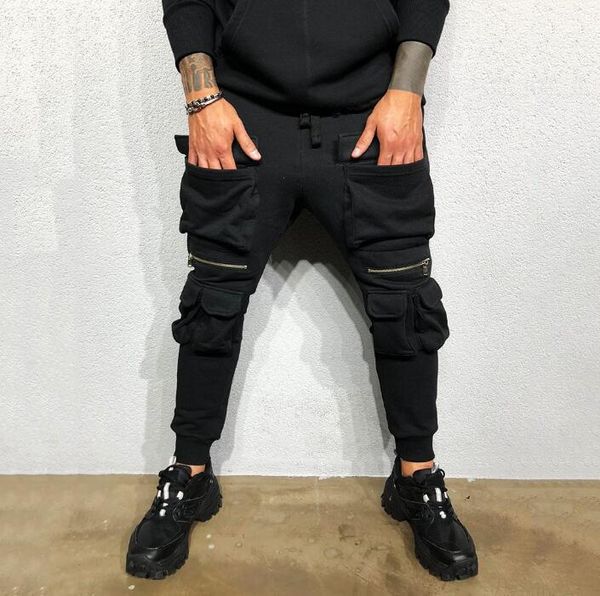 

clothing spring mens casual pants zipper pocket designer solid color slim pencil pants sports style mens, Black