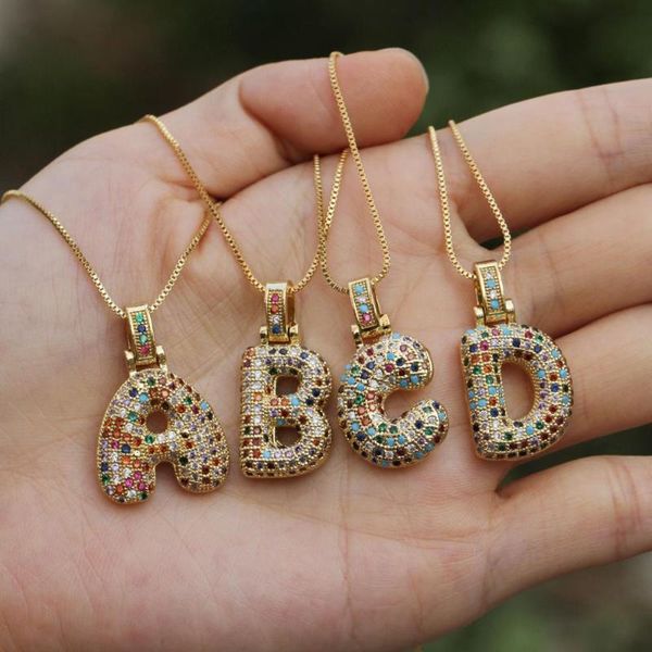 

hip hop necklace gold chain copper micro rainbow cubic zircon letter a-z initials pendant necklaces for women charm jewelry, Silver