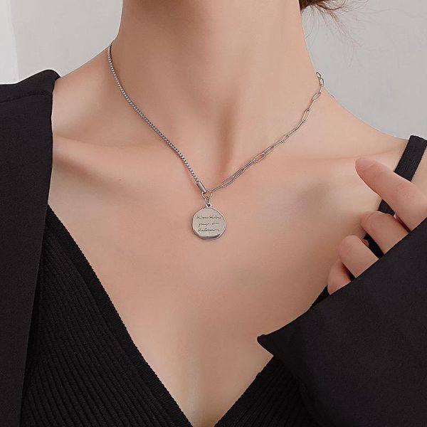 

fashion titanium steel hip hop necklace female simple letter round card pendant clavicle chain jewelry sale, Silver