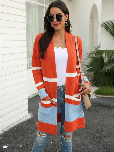 

slim sweaters with packet fashion loose knit coat womens cardigan sweaters autumn striped panelled long sleeve, White;black