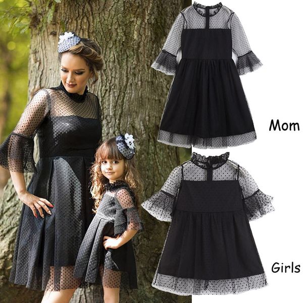 Nova pai-filho Outfit Summer Girls Princess Dress Mãe e filha roupas Black Lace vestido de mãe de meninas Lace Vestido de malha